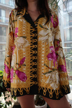 Load image into Gallery viewer, Vintage Neiman Marcus 100% Silk Floral Baroque Shirt – Bold Gold & Orchid Print
