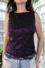 Load image into Gallery viewer, Vintage Y2K Purple Floral Lace Tank Top – Sheer Black Lace Blouse