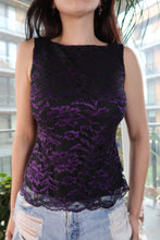 Load image into Gallery viewer, Vintage Y2K Purple Floral Lace Tank Top – Sheer Black Lace Blouse