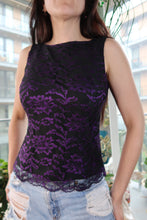 Load image into Gallery viewer, Vintage Y2K Purple Floral Lace Tank Top – Sheer Black Lace Blouse