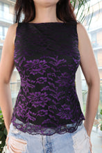 Load image into Gallery viewer, Vintage Y2K Purple Floral Lace Tank Top – Sheer Black Lace Blouse