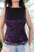 Load image into Gallery viewer, Vintage Y2K Purple Floral Lace Tank Top – Sheer Black Lace Blouse
