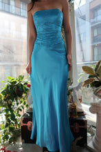 Load image into Gallery viewer, Vintage 100% Silk Aqua Blue Two-Piece Formal Set – Strapless Beaded Top & Maxi Skirt