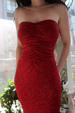 Load image into Gallery viewer, Vintage Red Glitter Strapless Gown – Bodycon Maxi Evening Dress