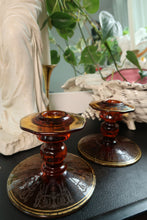 Load image into Gallery viewer, Vintage MCM Amber Etched Glass Candlesticks