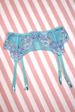 Load image into Gallery viewer, Vintage 2000s Victoria’s Secret Aqua Blue Embroidered Floral Garter Belt with Matching Satin Thong Two-Piece Lingerie Set