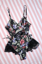 Load image into Gallery viewer, Vintage 1980s Victoria’s Secret Gold Label Dark Floral Satin Teddy Lingerie Bodysuit