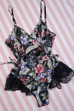 Load image into Gallery viewer, Vintage 1980s Victoria’s Secret Gold Label Dark Floral Satin Teddy Lingerie Bodysuit