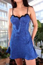 Load image into Gallery viewer, Vintage Gold Label Victoria’s Secret Blue Jacquard Satin Velvet-Trim Slip Dress