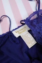 Load image into Gallery viewer, Vintage Gold Label Victoria’s Secret Purple Satin & Lace Sheer Panel Slip Dress