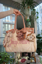 Load image into Gallery viewer, Vintage Juicy Couture Velour Daydreamer Tote Bag – Cream with Pink Logo & Leather Floral Appliqués