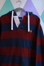 Load image into Gallery viewer, Vintage 2000s Polo Ralph Lauren striped rugby hoodie sweatshirt for men, styled with classic collar and bold stripe pattern.