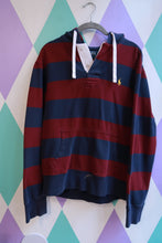 Load image into Gallery viewer, Vintage 2000s Polo Ralph Lauren striped rugby hoodie sweatshirt for men, featuring classic athletic style and bold color stripes.