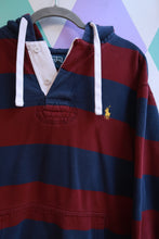 Load image into Gallery viewer, Men's vintage Polo Ralph Lauren striped rugby hoodie sweatshirt with logo, from Elektra Vintage, featuring classic 2000s style.