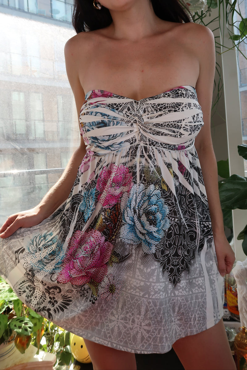Vintage 2000s Strapless Floral Rhinestone Mini Dress – Elektra Vintage