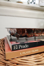 Load image into Gallery viewer, Vintage silver plate divided serving tray with scalloped edges and ornate feet, by Elektra Vintage, displayed on a wooden surface.