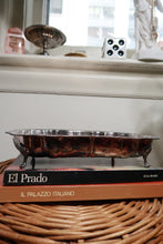 Load image into Gallery viewer, Vintage silver plate divided serving tray with scalloped edge and ornate feet by Elektra Vintage, displayed on a neutral background.