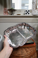 Load image into Gallery viewer, Vintage silver plate divided serving tray with scalloped edge and ornate feet, by Elektra Vintage, shown with intricate detailing.