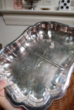 Load image into Gallery viewer, Vintage silver plate divided serving tray with scalloped edge and ornate feet by Elektra Vintage, showcasing intricate design details.