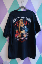 Load image into Gallery viewer, Black vintage men's graphic T-shirt featuring a 2000s Las Vegas City of Sin casino pin-up design by Elektra Vintage.