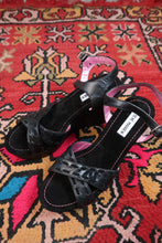 Load image into Gallery viewer, Deadstock vintage Steve Madden black platform wedges with strappy Y2K design, featuring chunky heels and ankle straps.