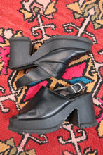 Load image into Gallery viewer, Vintage Harley Davidson Black Leather Platform Heels – Chunky Y2K Slingback Sandals