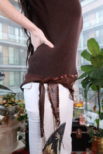 Load image into Gallery viewer, Vintage 2000s embellished sheer brown scarf with beaded sequins and embroidery, styled as a statement wrap by Elektra Vintage.