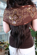 Load image into Gallery viewer, Vintage 2000s Elektra Vintage sheer brown scarf with beaded sequins, embroidery, and embellishments, styled as a statement wrap.