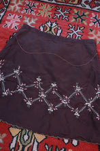 Load image into Gallery viewer, Chocolate brown silk embroidered mini skirt by Elektra Vintage, featuring intricate embroidery and a vintage style.