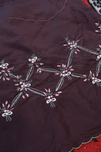Load image into Gallery viewer, Chocolate brown silk embroidered mini skirt by Elektra Vintage, featuring intricate vintage embroidery and a fitted silhouette.