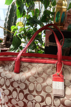 Load image into Gallery viewer, Coach Monogram Signature Canvas Weekend Zip Top Tote Bag with Red Leather Trim