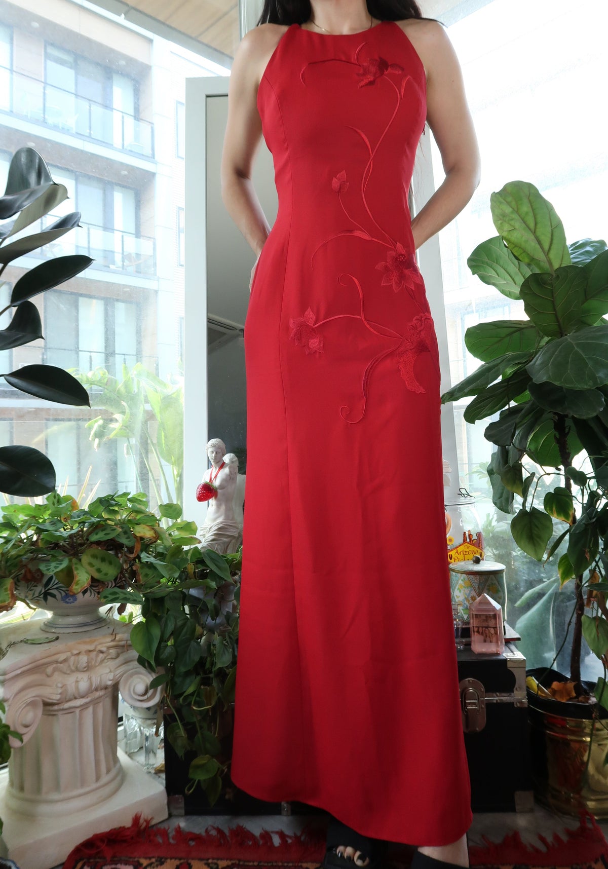 Vintage 90s Red Embroidered Evening Gown - Elektra Vintage