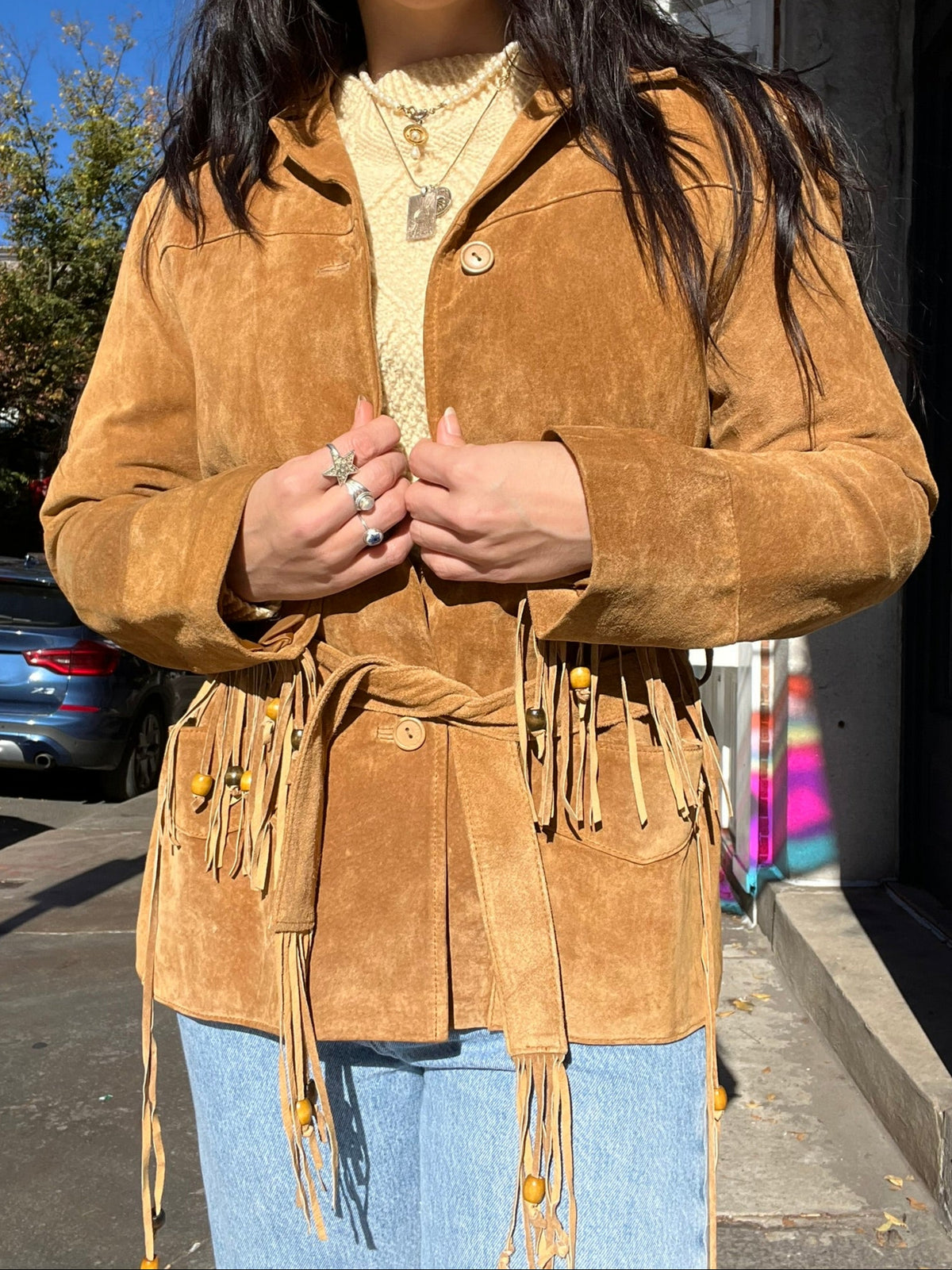 Vintage Elektra suede fringe tassel coat with boho style, featuring layered fringes and a classic silhouette.