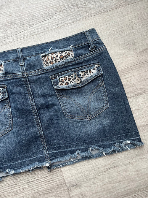 2000s Vintage Denim Mini Skirt with Leopard Print Accents - Elektra Vintage