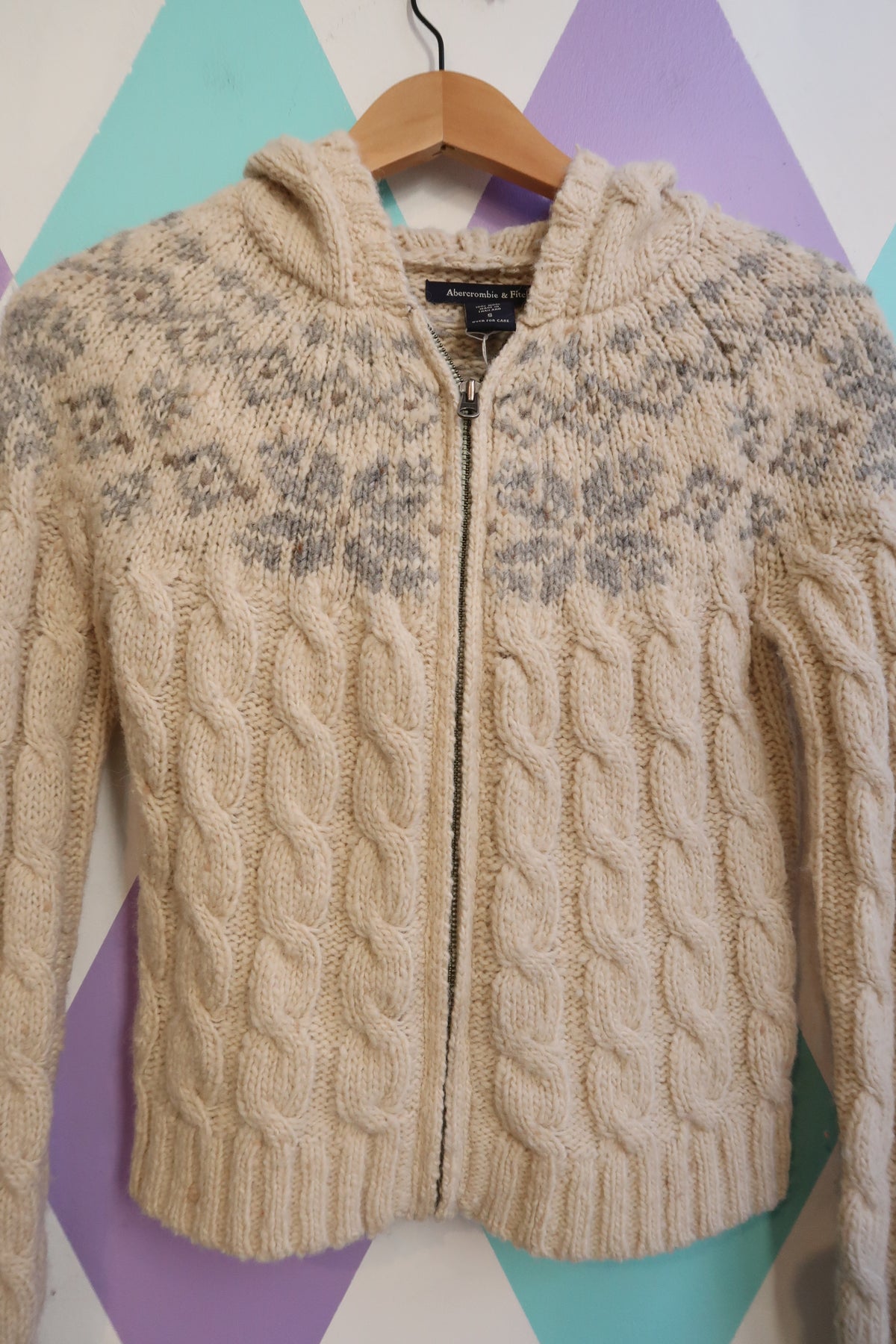 Vintage Abercrombie & Fitch 100% Wool Cable Knit Hoodie – Cream Nordic Fair Isle