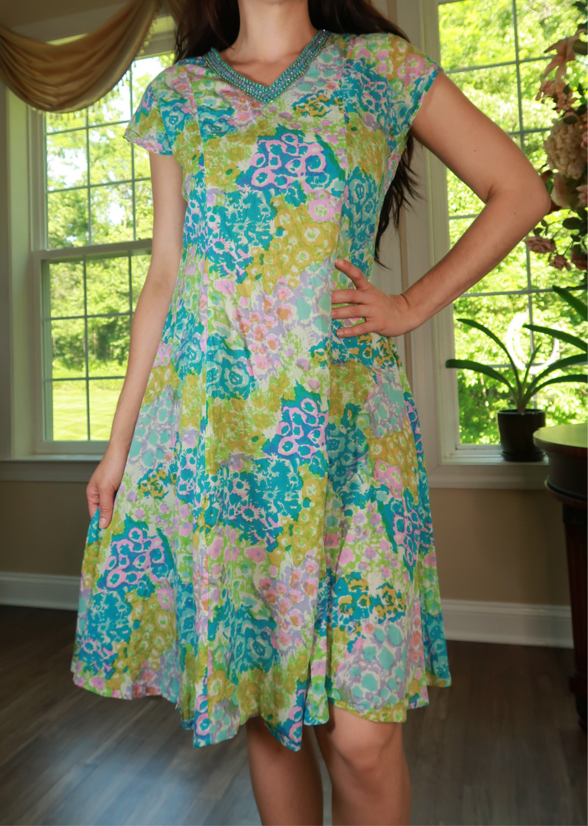 Vintage cotton floral patchwork midi dress by Elektra Vintage, featuring a classic floral pattern and mid-length design.