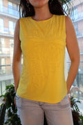 Vintage yellow beaded sleeveless top with 90s floral beadwork, women's tank top by Elektra Vintage, featuring intricate floral embroidery.