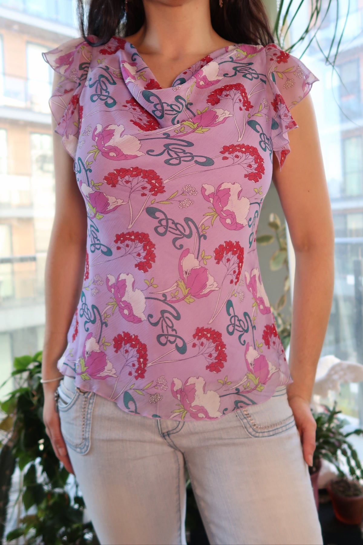 Vintage Lilac Silk Floral Blouse – Ruffle Cap Sleeve Cowl Neck Top