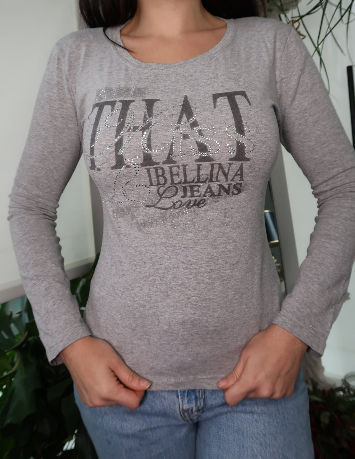 Vintage Rhinestone Miss Ribellina long sleeve women's top by Elektra Vintage, featuring sparkling rhinestones and a fitted ribellina design.