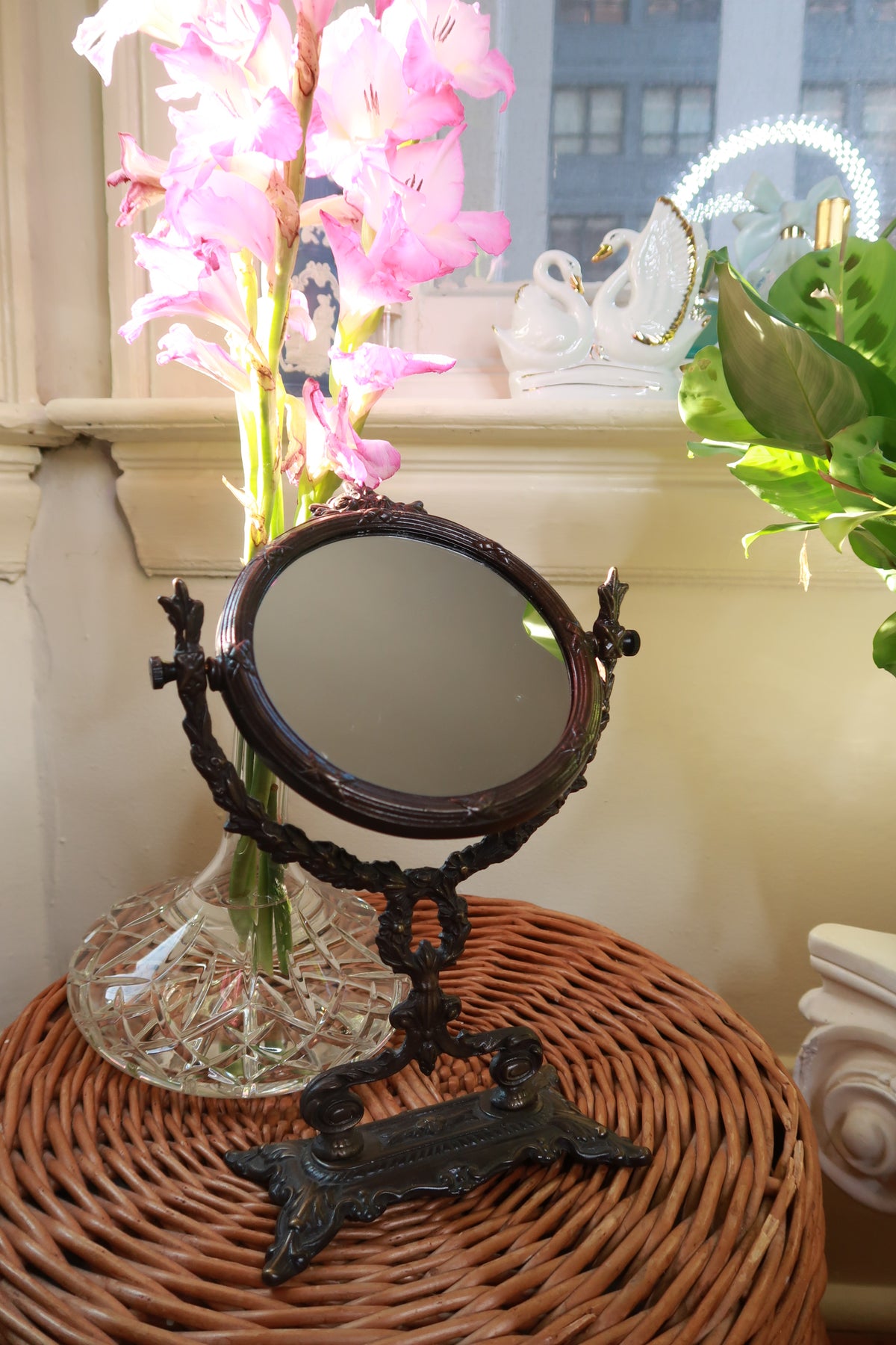 Vintage Ornate Oval Tilting Vanity Mirror Dark Bronze Tabletop Mirror