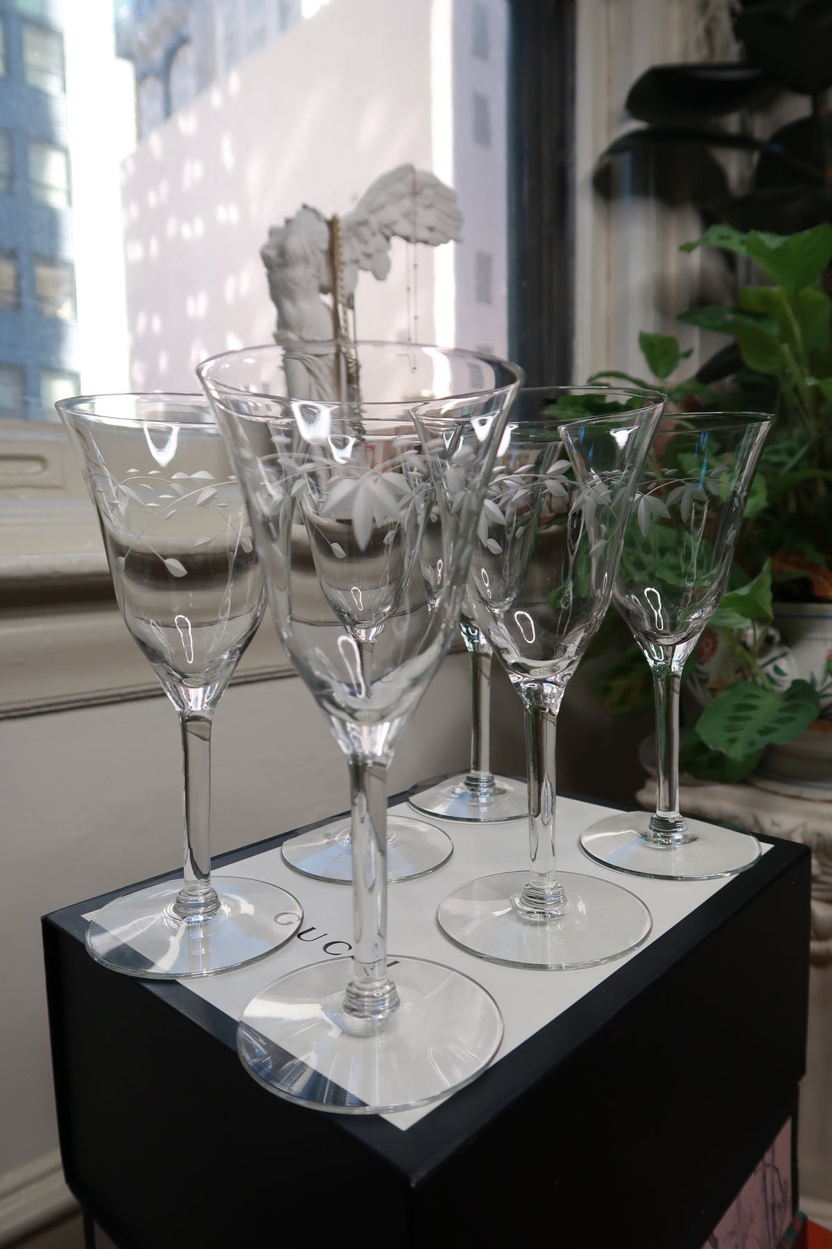 Vintage Etched Floral Wine Glasses Set of 6