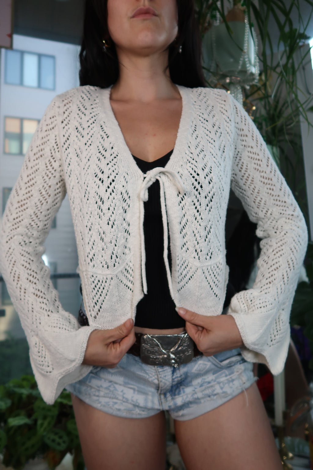 Vintage Frye Ivory Knit Tie-Front Cardigan – Boho Crochet Sweater Top