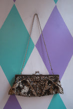 Load image into Gallery viewer, Vintage silver beaded evening clutch bag with sequin floral design and chain strap, by Elektra Vintage.
