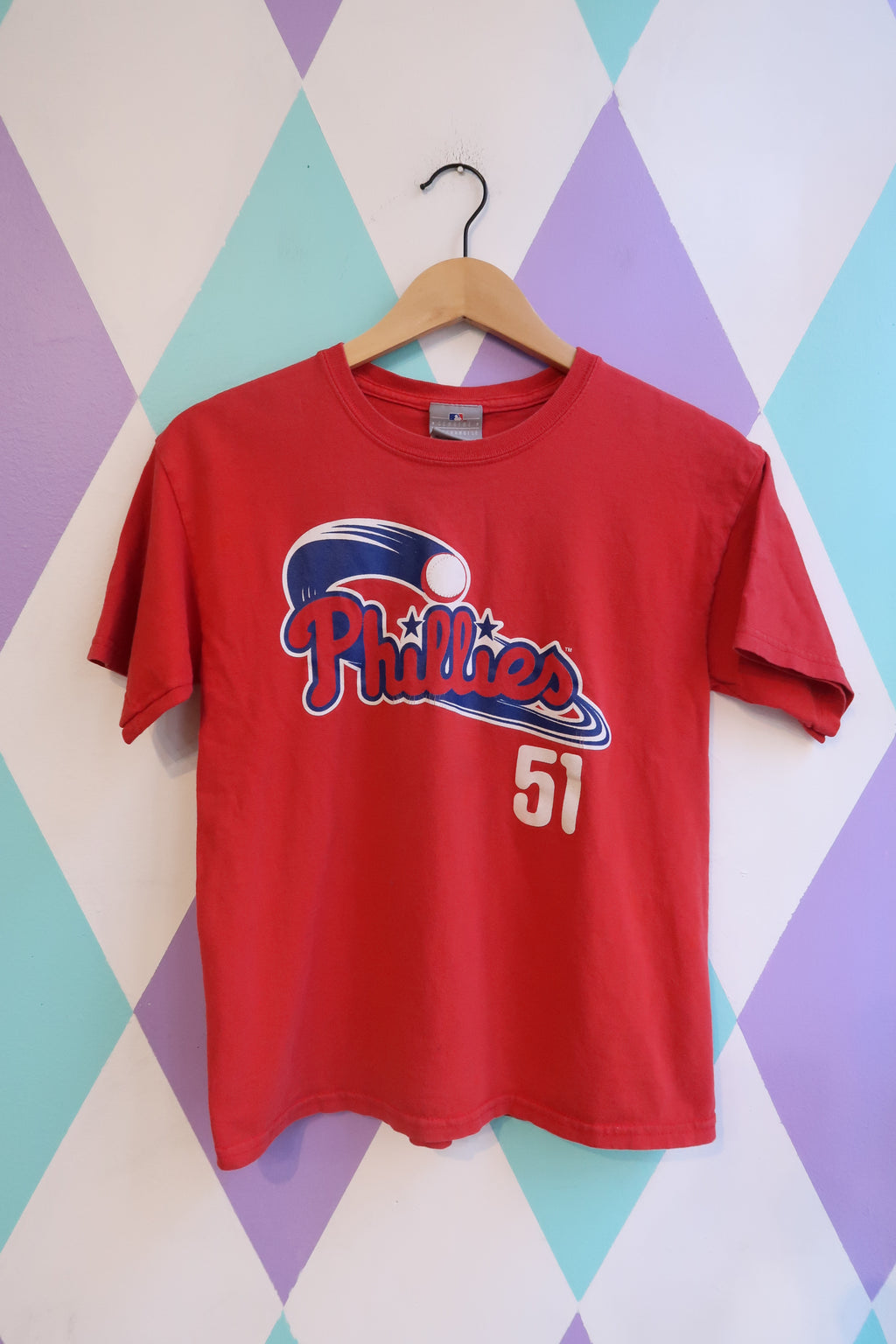 Women's Philadelphia Phillies Ruiz #51 red baseball graphic T-shirt by Elektra Vintage, featuring team logo and player number.