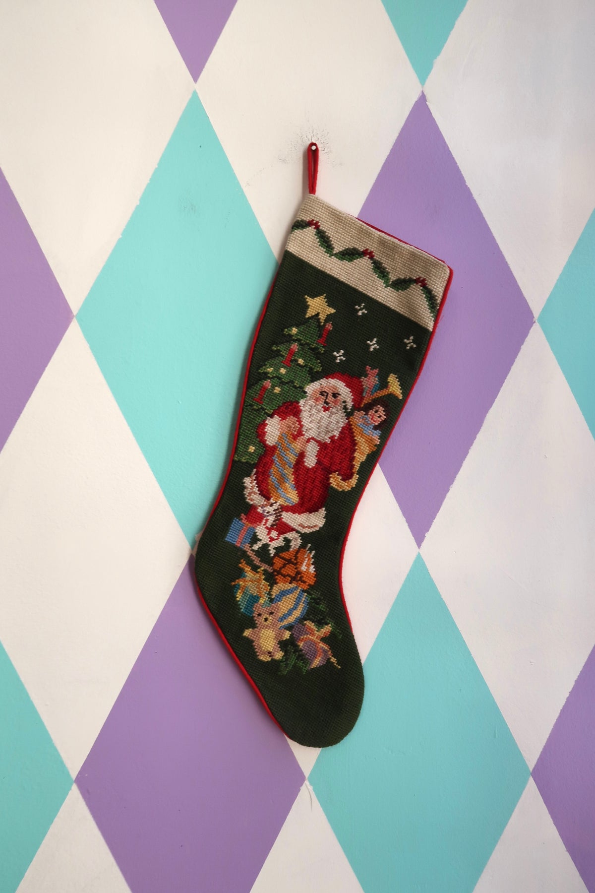 Vintage Needlepoint Christmas Stocking — Santa & Toys