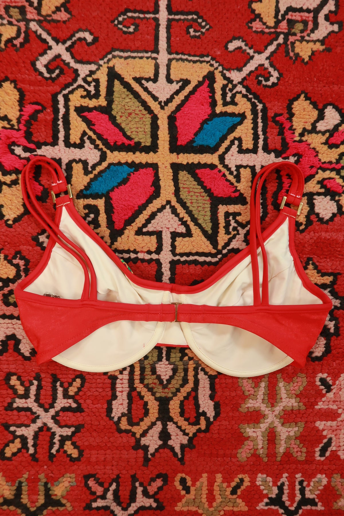 Vintage 90s Red Boho Print underwire bikini top for women by Elektra Vintage, featuring vibrant bohemian design and supportive fit.
