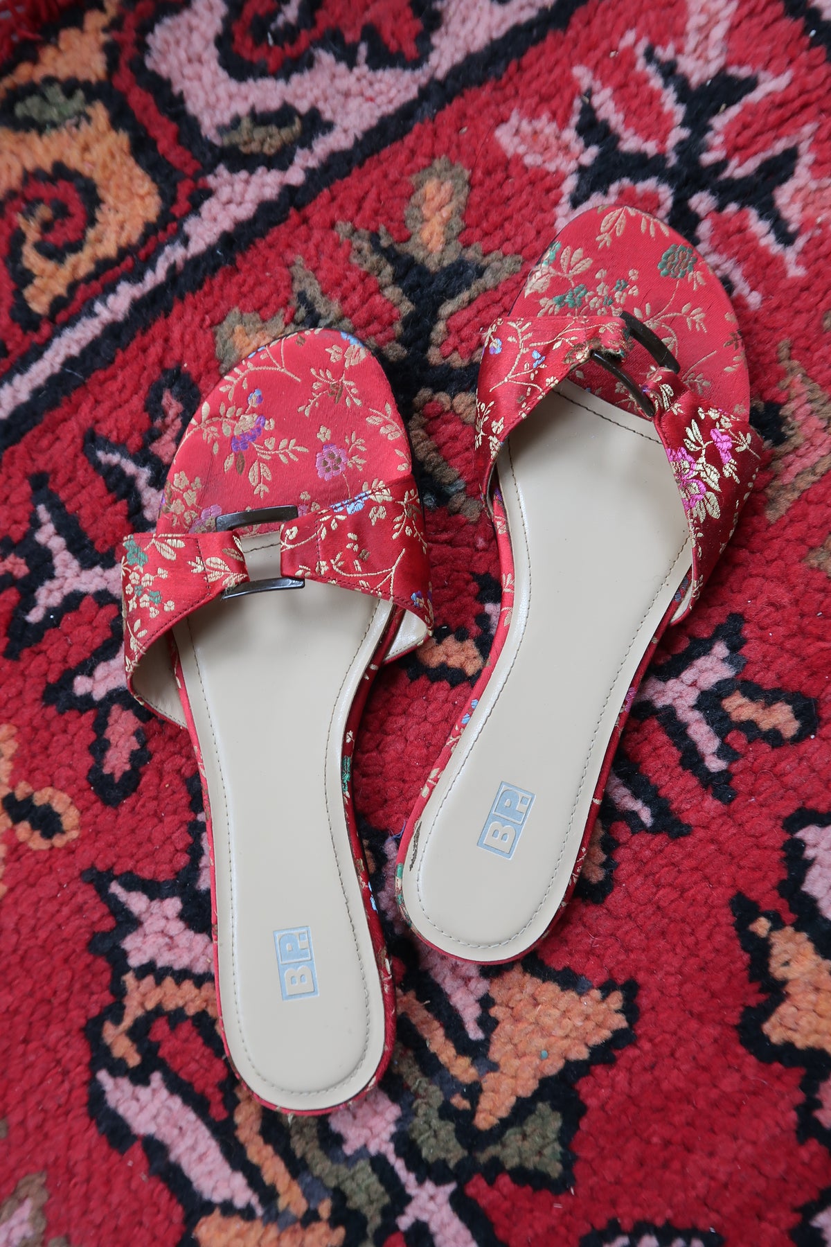 Vintage Red Brocade Slide Sandals – Satin Floral Mules