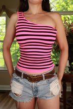 Load image into Gallery viewer, Vintage Y2K neon pink and black striped one-shoulder women's top by Elektra Vintage, featuring bold retro style.
