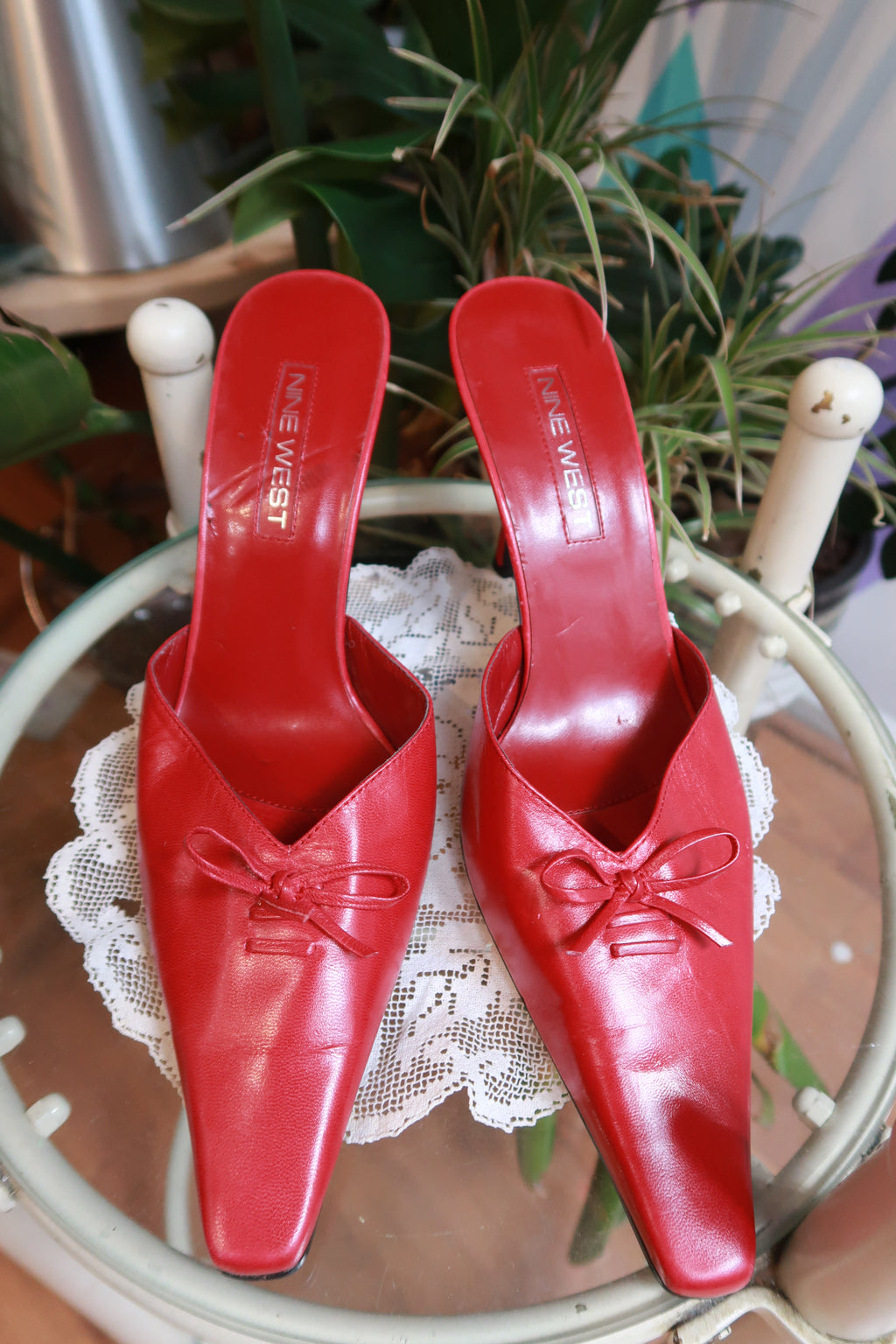 Vintage Nine West Red Leather Pointed Toe Kitten Heels