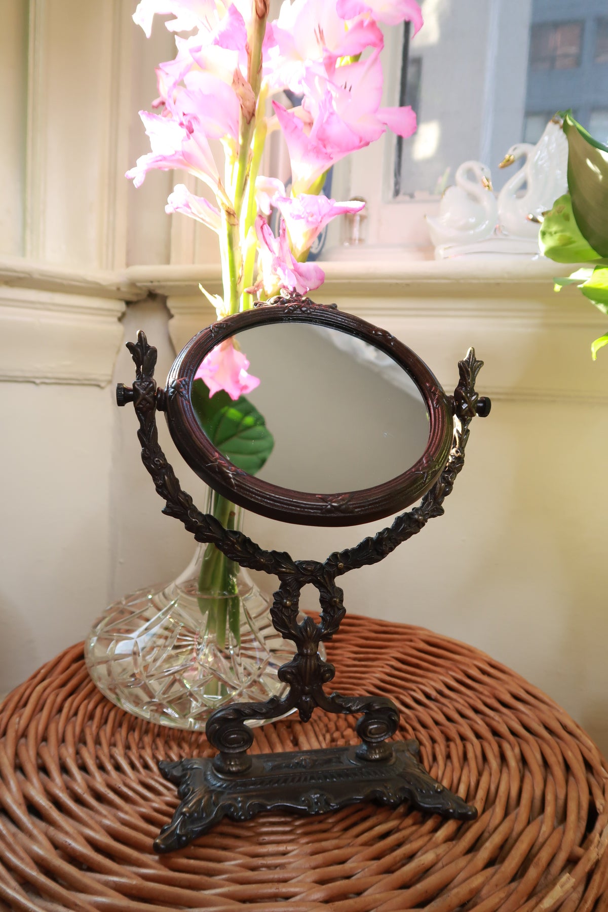 Vintage Ornate Oval Tilting Vanity Mirror Dark Bronze Tabletop Mirror